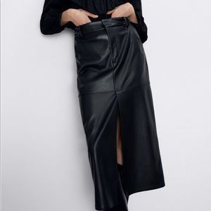 Elegant faux-leather Zara midi skirt.